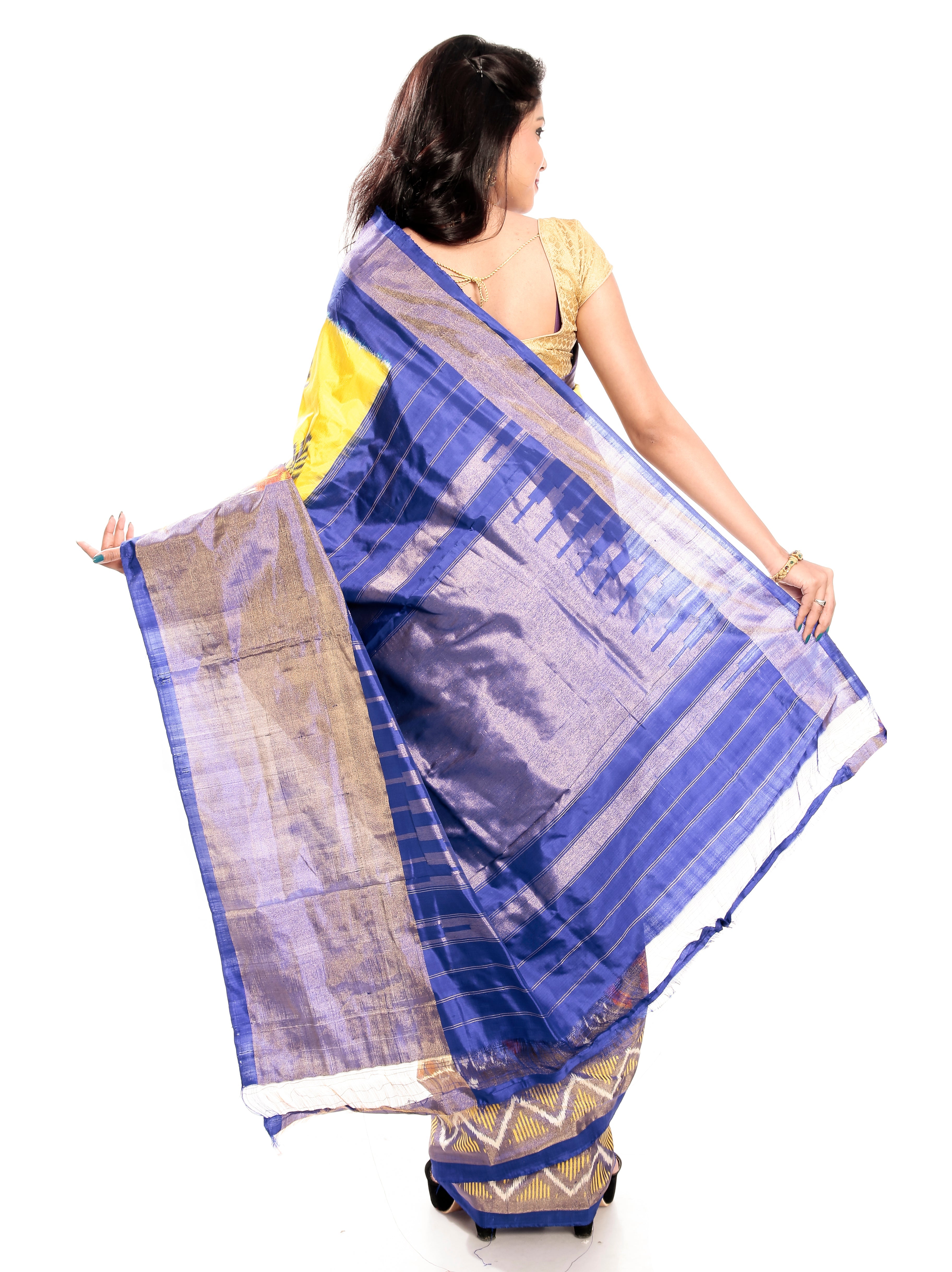 Yellow Pochampally Saree - Ikkat Silk Sarees with Blue Border