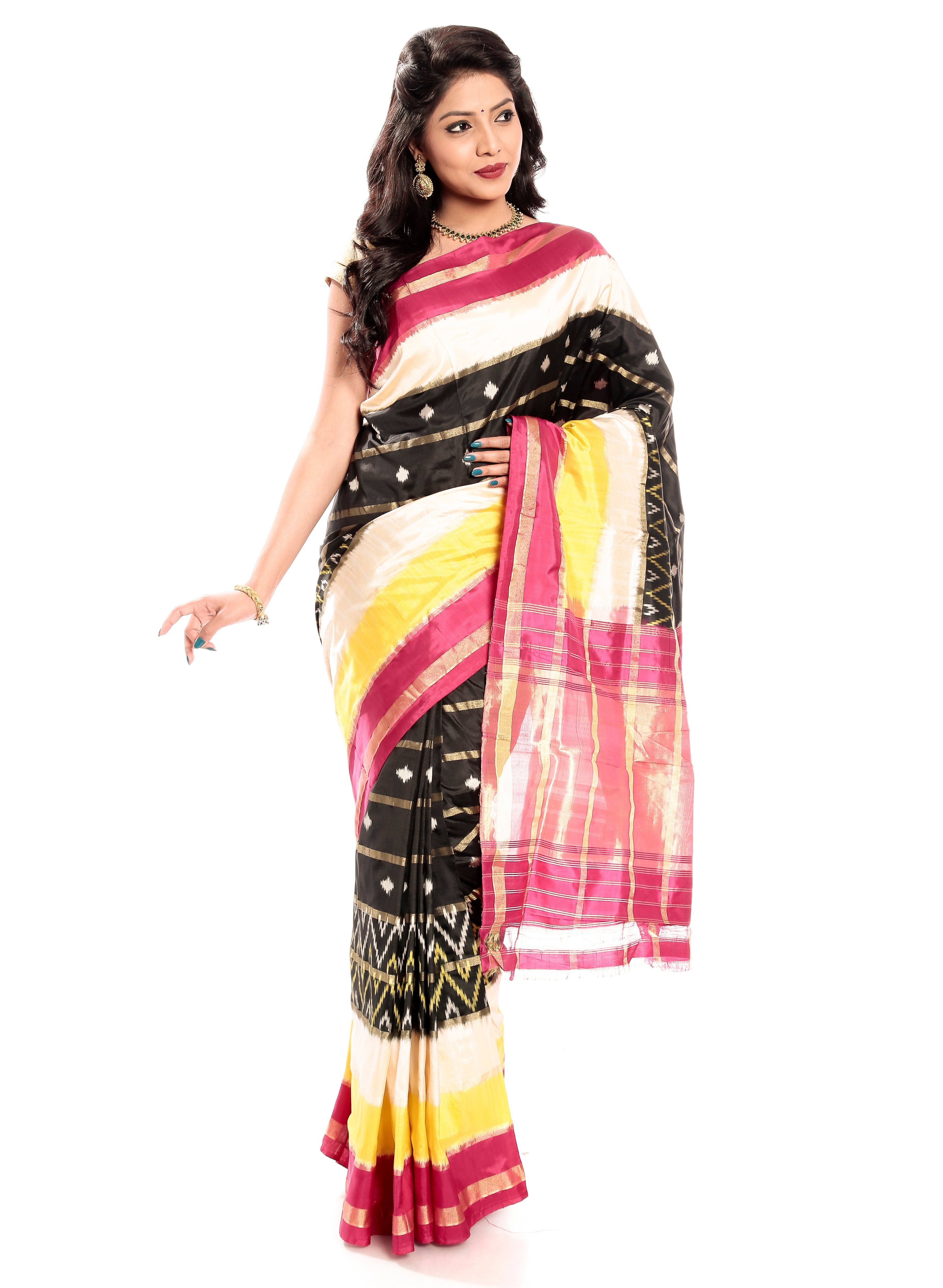 Cream & Yellow Black Ikkat Silk Saree
