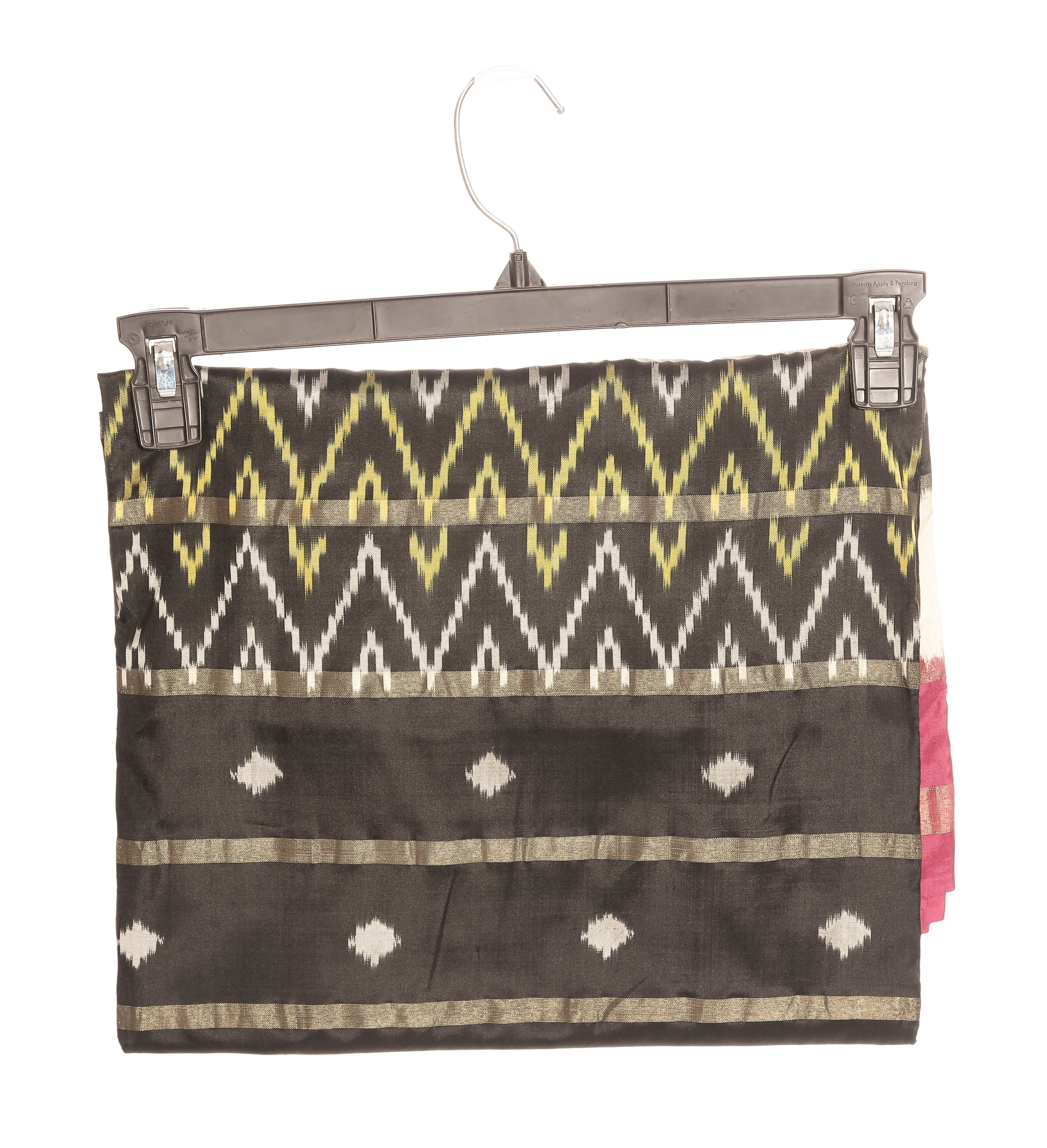 Mandakini handloom pure silk Pochampally Saree (Ikkat saree) in alternating cream-yellow-black color and an elegant design dark pink border