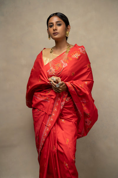 Red Ilkal Saree - Art Silk Saree with Kasuti Embroidery (MK 786)
