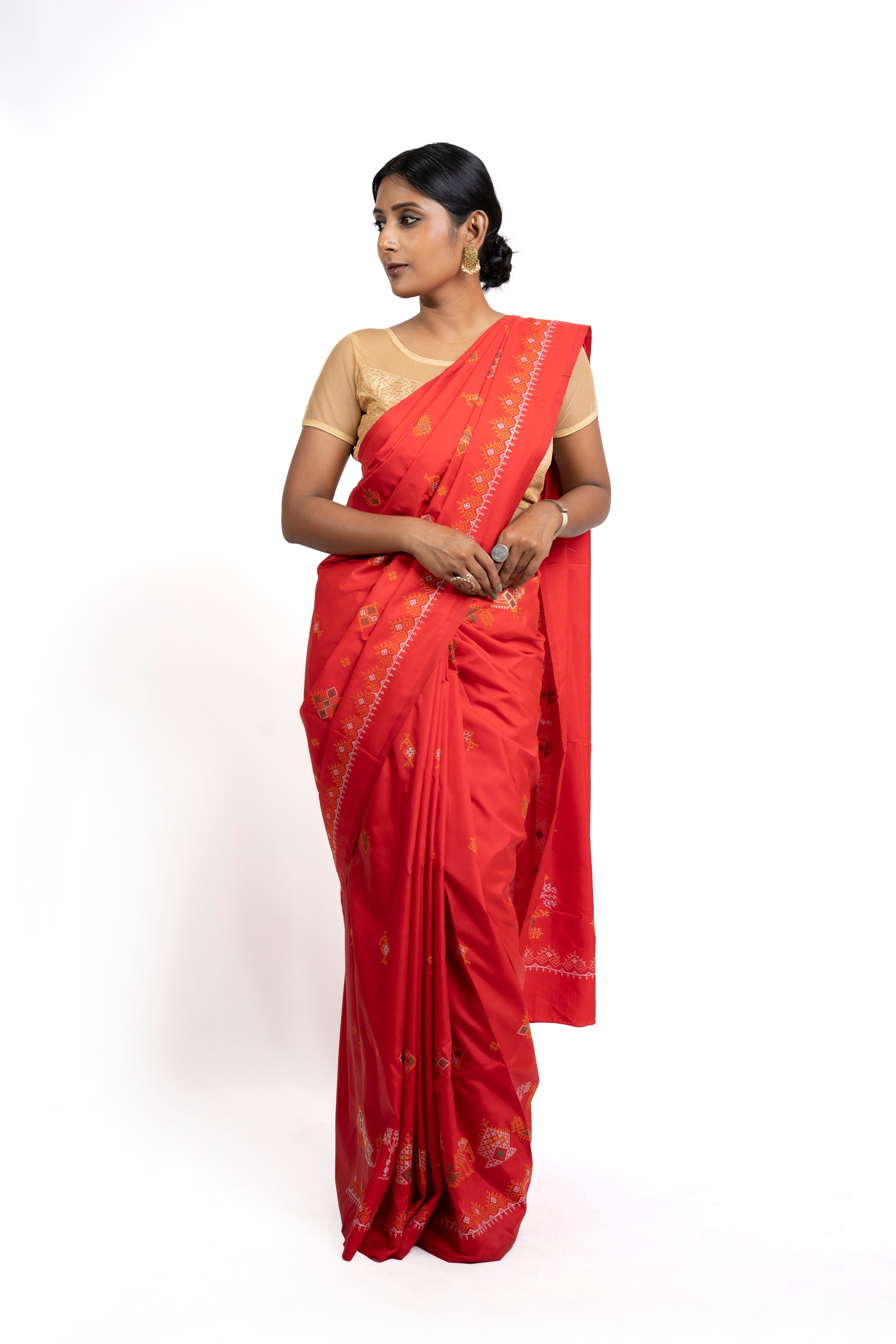 Red Ilkal Saree - Art Silk Saree with Kasuti Embroidery (MK 786)
