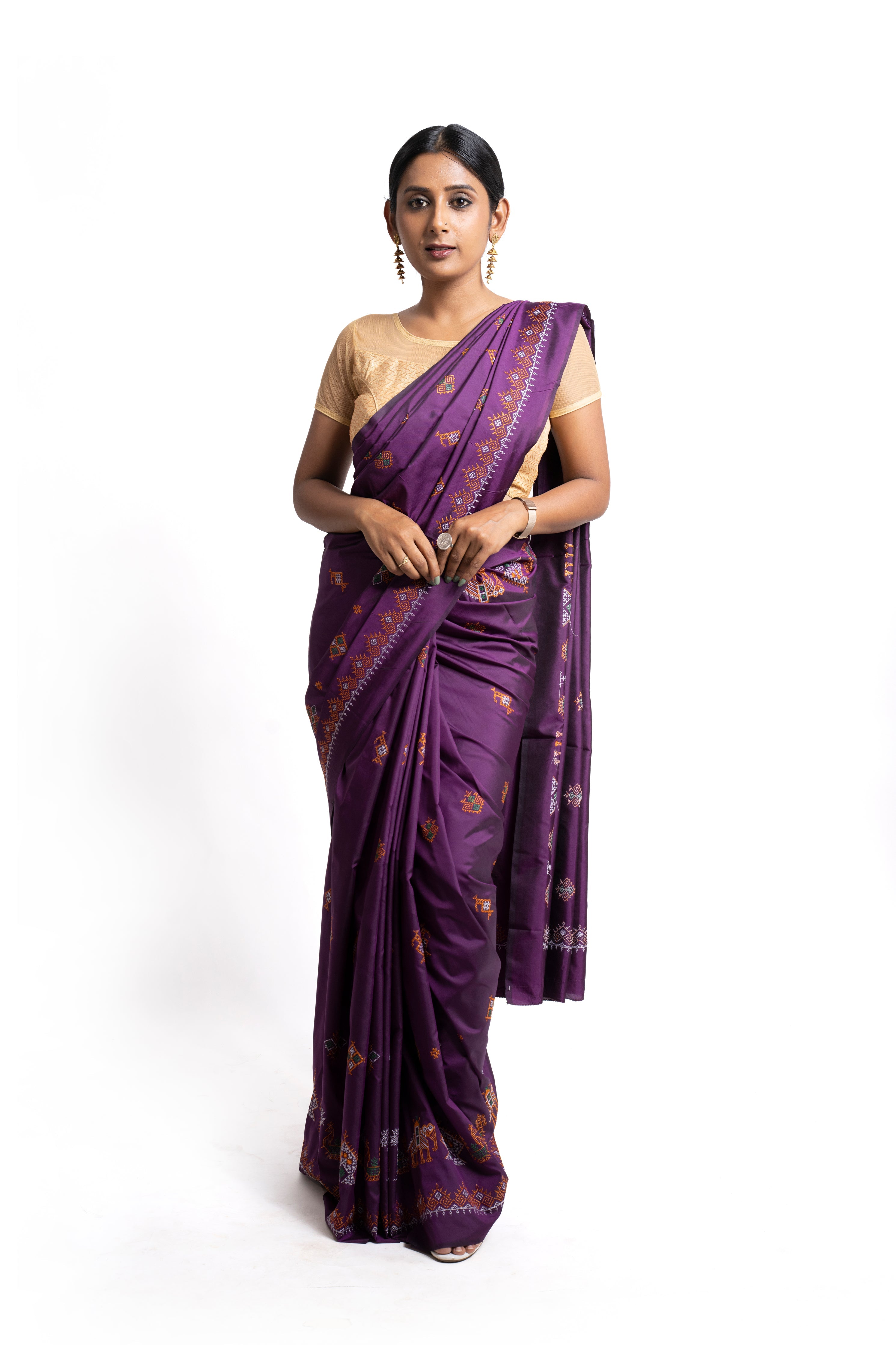 Dark Purple Ilkal Saree - Art Silk Saree with Kasuti Embroidery (MK 775)