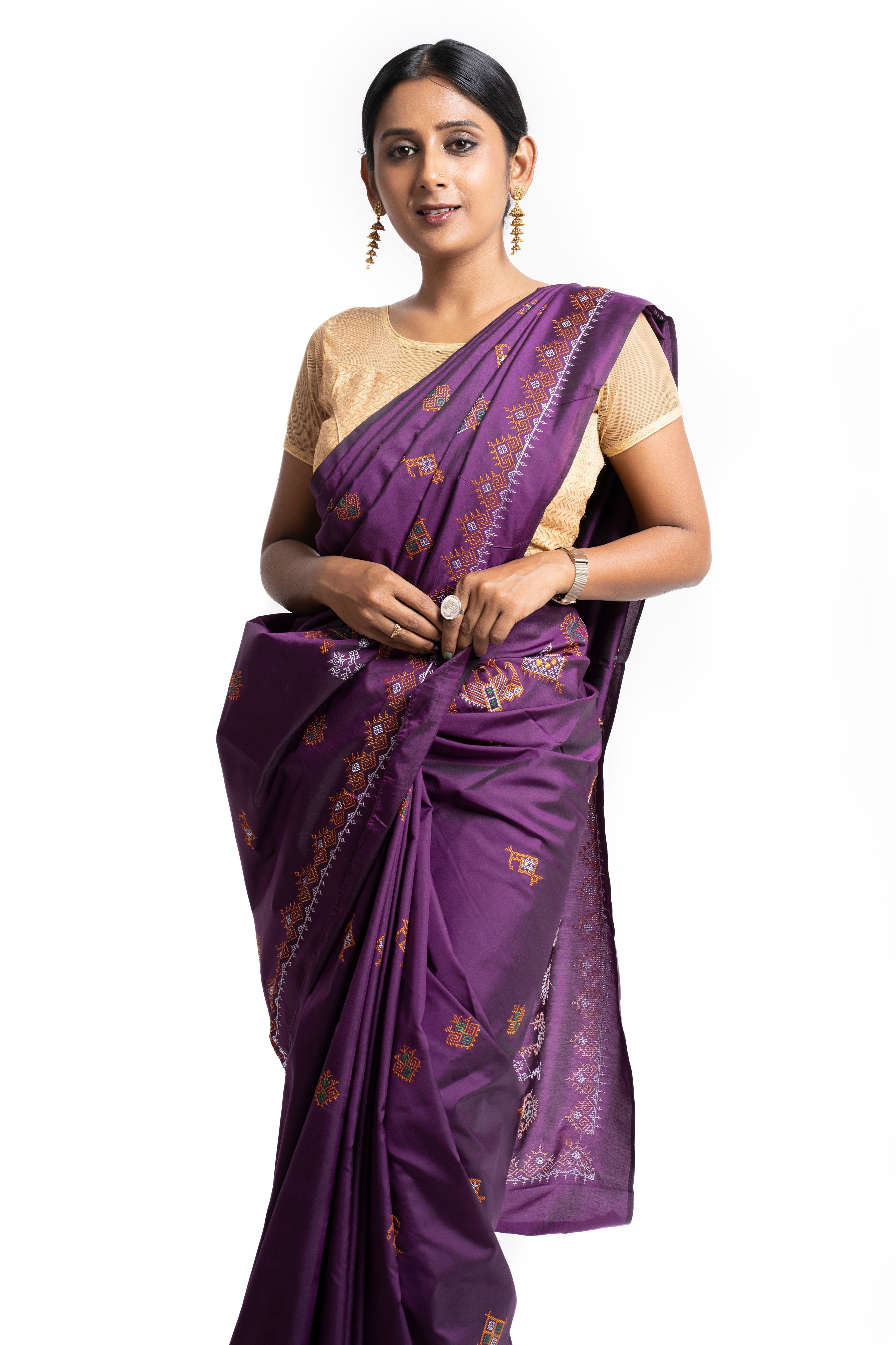 Dark Purple Ilkal Saree - Art Silk Saree with Kasuti Embroidery (MK 775)