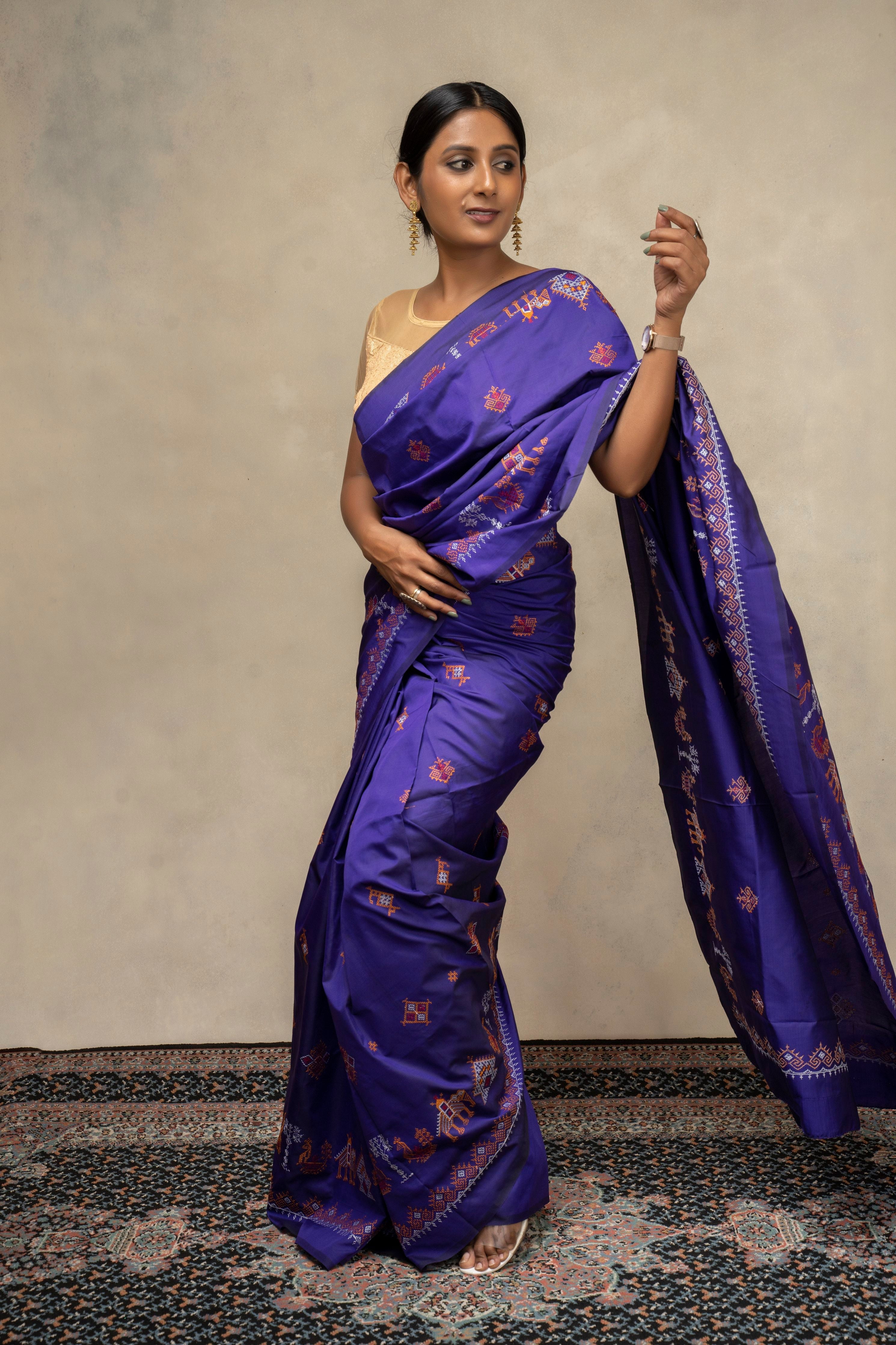 Blue Ilkal Saree - Art Silk Saree with Kasuti Embroidery (MK 783)