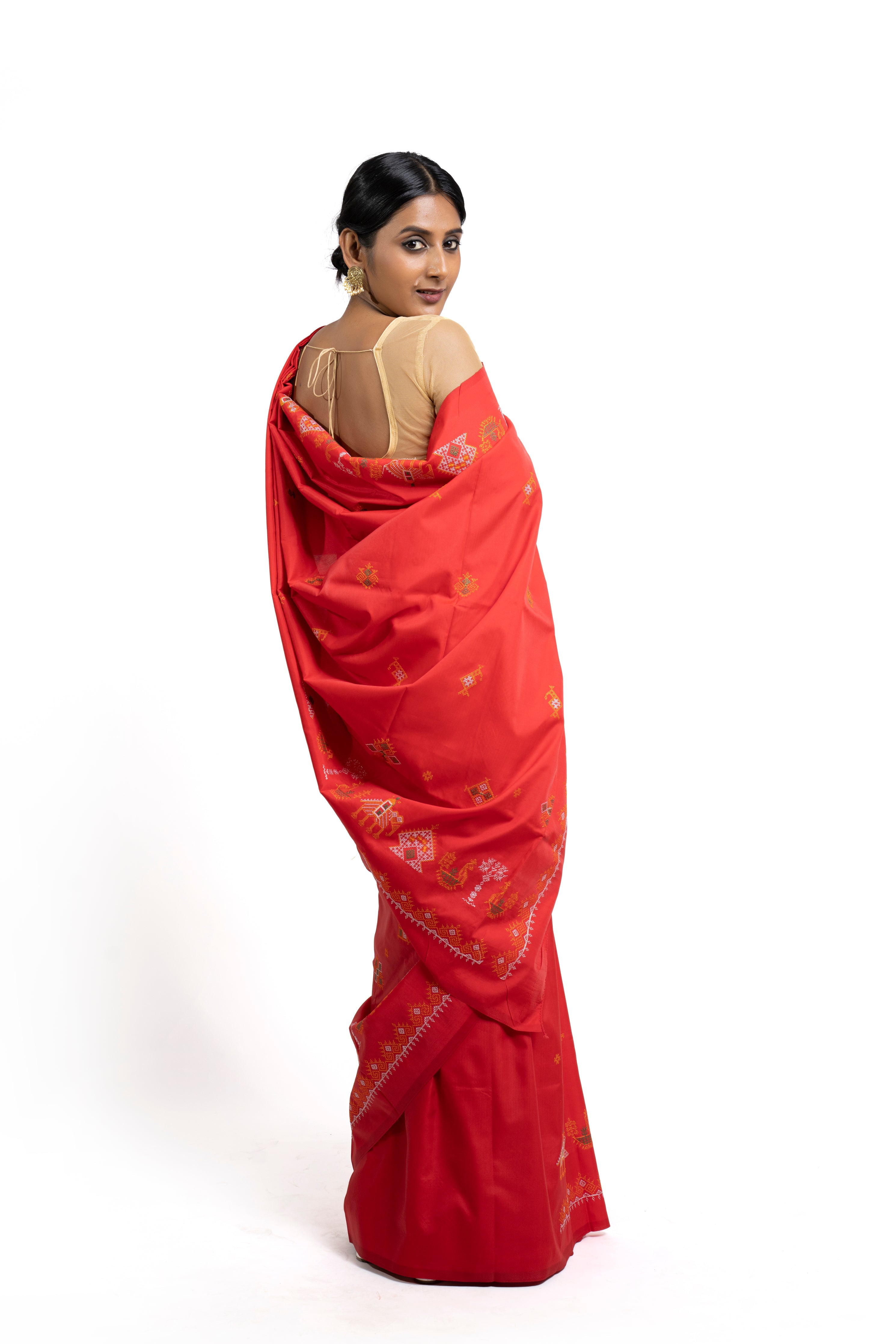 Red Ilkal Saree - Art Silk Saree with Kasuti Embroidery (MK 786)