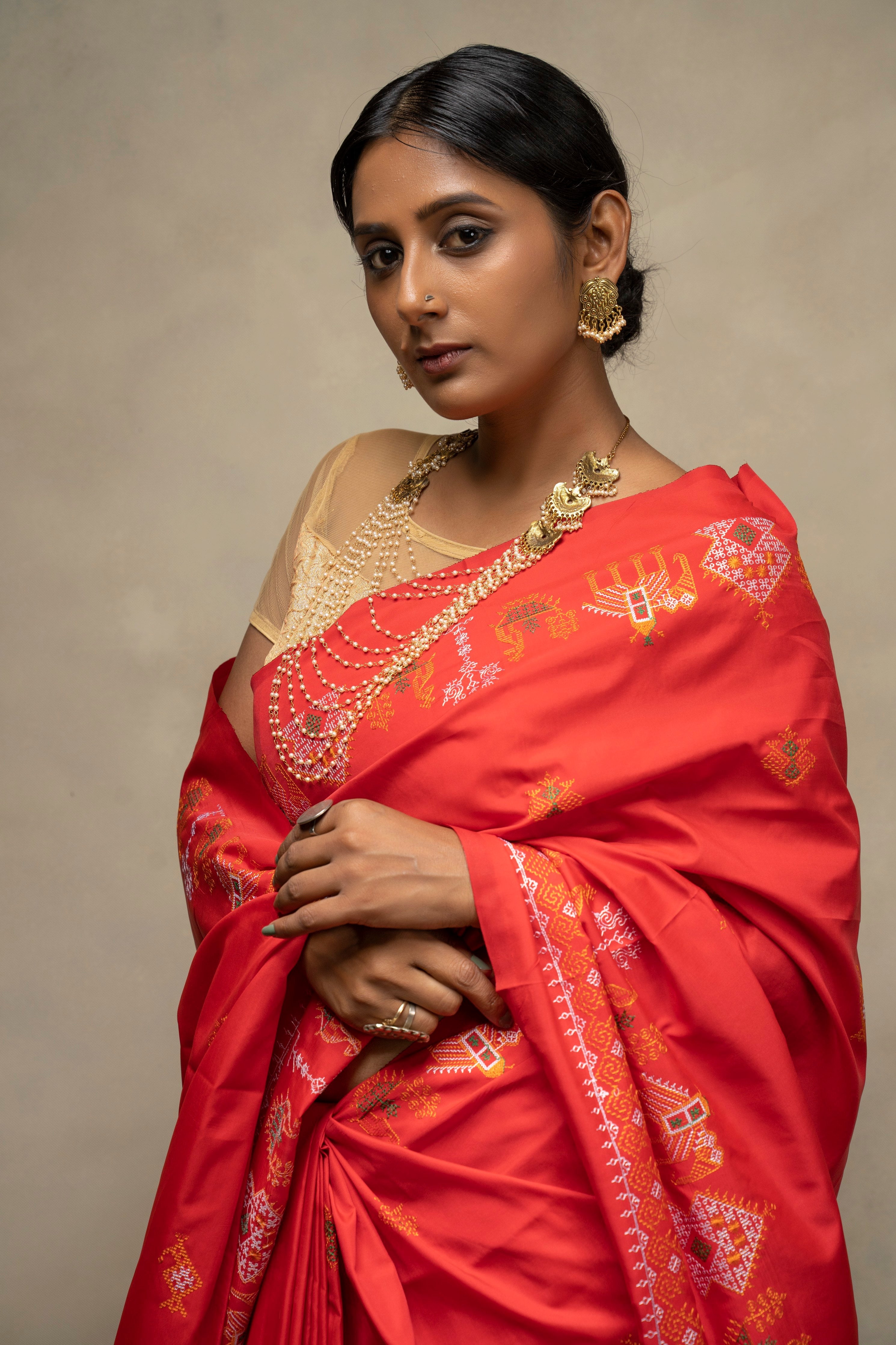 Red Ilkal Saree - Art Silk Saree with Kasuti Embroidery (MK 786)