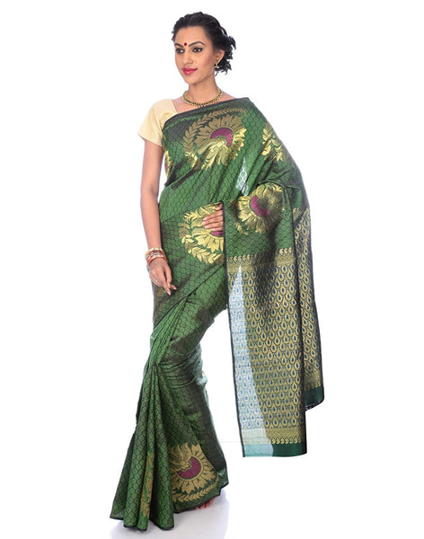 Green Kanchipuram Silk Saree with Floral Motifs