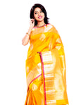 Kanchipuram Silk Saree in Yellow + Thilagam Motifs + Elegant Broad Border in Pure Zari with Yali Motifs