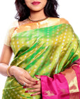 Elegant Green Kanchipuram Silk Saree Pink Pallu
