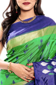 Ikkat silk saree online in green & blue color